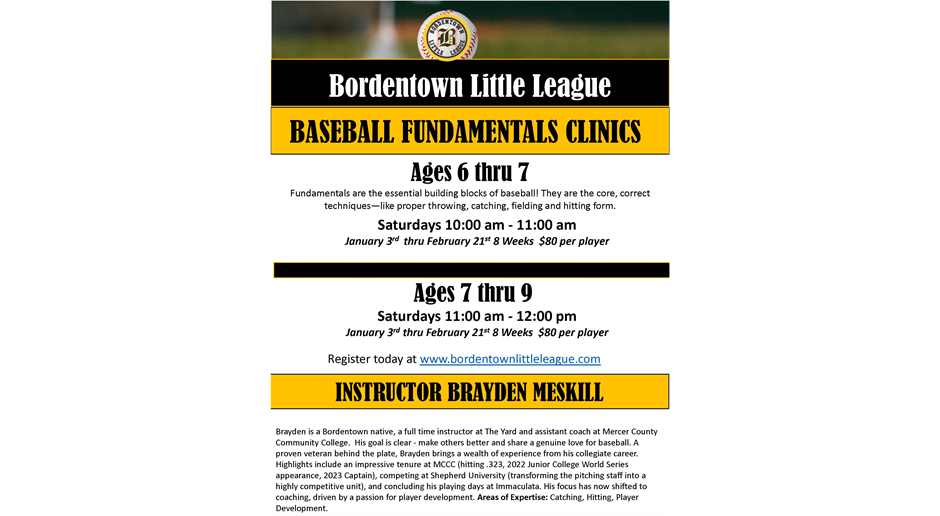 Baseball Fundamentals Clinics for 6-9 years old